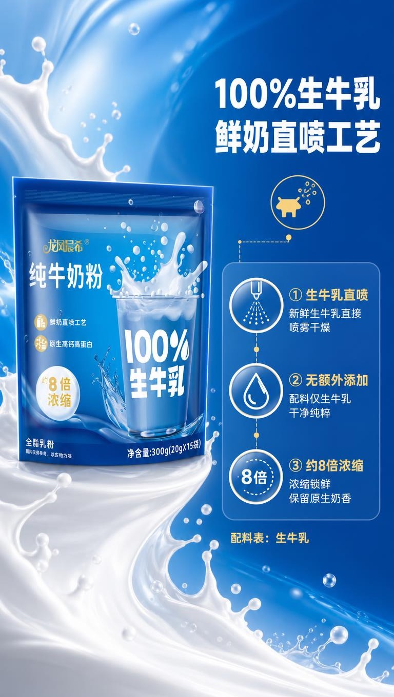 [商品] 使用【图1】龙凤晨希纯牛奶粉自立袋包装；保留深蓝色包… - 图片创意预览