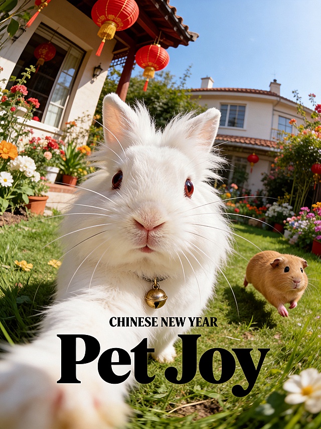 画面底部正中央排版着黑色的粗体小写英文单词“Pet  Joy”，字体风格复古且具有设计感，其上方紧随极其微小的无衬线英文“CHINESE NEW YEAR”。画面采用极具冲击力的超广角鱼眼镜头自拍视角。前景占据视觉主导的是一只兔子头特写（兔子为图1的兔），呈现出强烈的透视变形感。兔子双眼圆睁，瞳孔呈清澈状，直视镜头，面部毛发丝丝分明，胡须挺翘，带小铃铛，展现出极度逼真的宠物摄影质感，像以兔子自拍角度进行拍摄。背景中清晰可见一只奔跑的豚鼠（图2的豚鼠），看着镜头，与前景淡定的兔子形成极具幽默感的互动反差。背景环境是热闹的别墅小花园，种植许多绿草和鲜花，旁边的屋檐下挂着红灯笼。整体光影为自然日光，色彩鲜艳，兼具时尚杂志大片与趣味网络迷因（Meme）的视觉风格，8K超高清画质，极致的清晰。