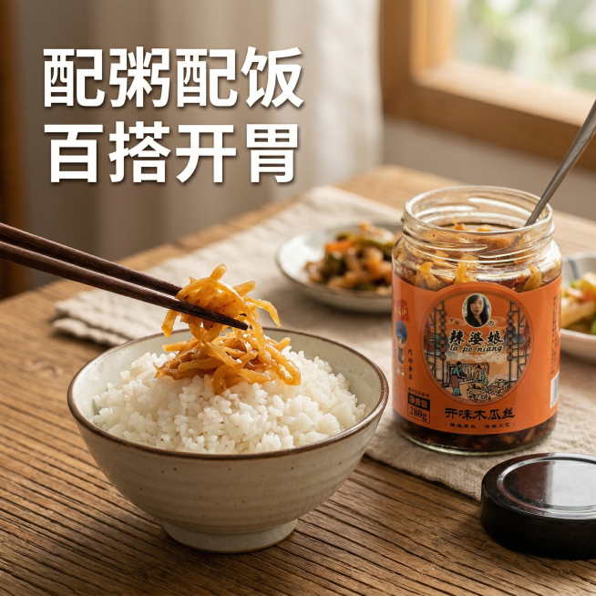 [主图 4 食用场景] 真实餐桌上的食用场景，一碗白米饭旁放着打开的辣婆娘木瓜丝罐子，筷子夹着木瓜丝放在米饭上，还原日常开胃下饭场景，暖调自然光，温馨生活氛围感。标题“配粥配饭 百搭开胃”悬浮在画面左预览效果