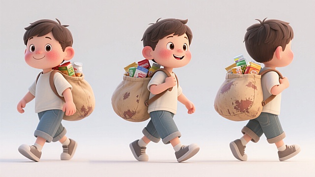 软3D风卡通男孩，背着零食袋，可爱感十足，展现童趣与欢乐。