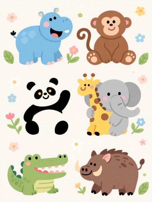 flat illustration style, cute animals, light background, four different types of animals in different poses, arranged in two rows aligned vertically, soft color palette, round faces, big eyes, smili……预览效果