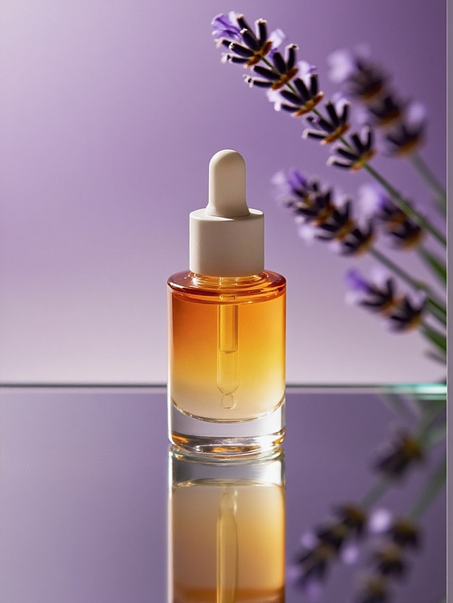 一瓶精华特写，玻璃台子，背后是一枝动态模糊有残影的薰衣草，淡紫色渐变背景，暗调