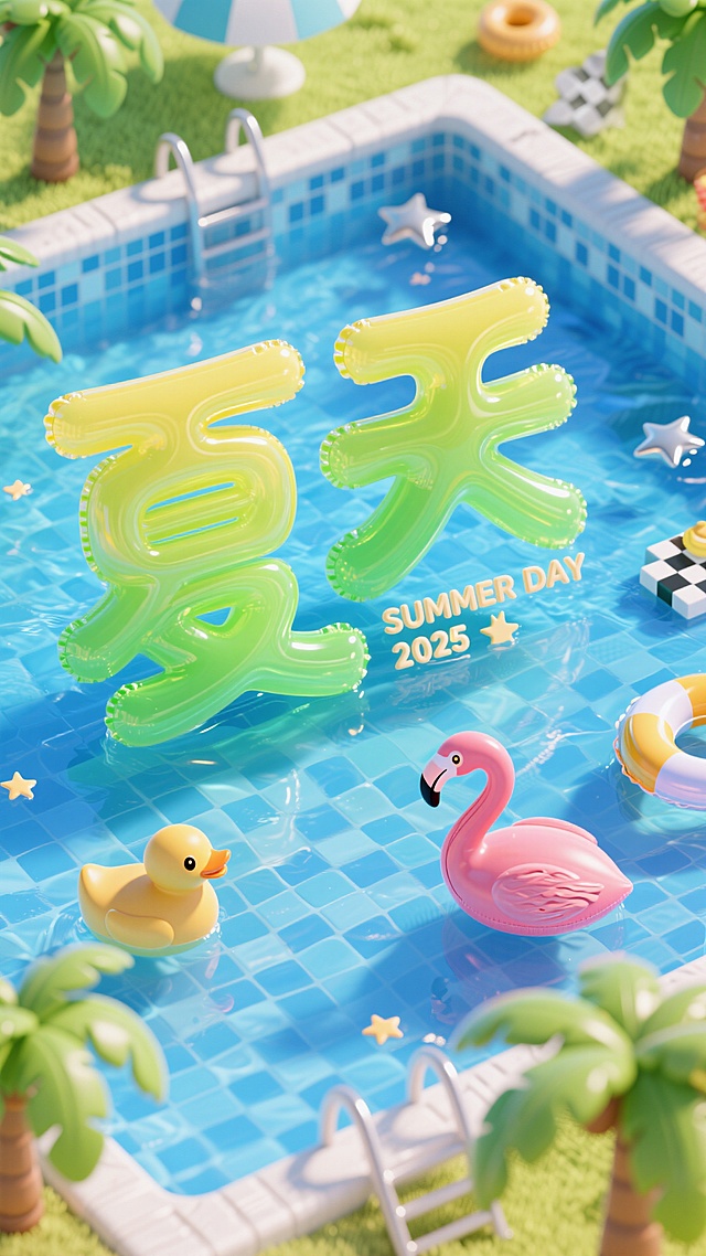 鸟瞰角度，透明绿黄绿色渐变膨胀充气，透明塑料字“夏天”漂浮在泳池内，" SUMMER DAY 2025 ”小字装饰，小鸭子、游泳圈、椰子树、火烈鸟，小银色棋盘格星星、蓝色泳池水背景，夏日晴朗氛围