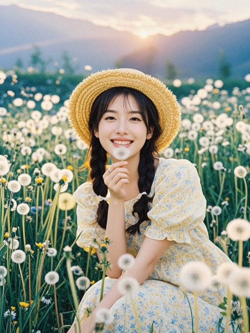 广角镜头，小清新甜妹，浅黄碎花连衣裙，草帽歪戴，郊外花田，指尖拈朵小雏菊，阳光吻过鼻尖，笑眼弯成月牙，背景是漫山蒲公英，色调清透像加了层薄纱预览效果