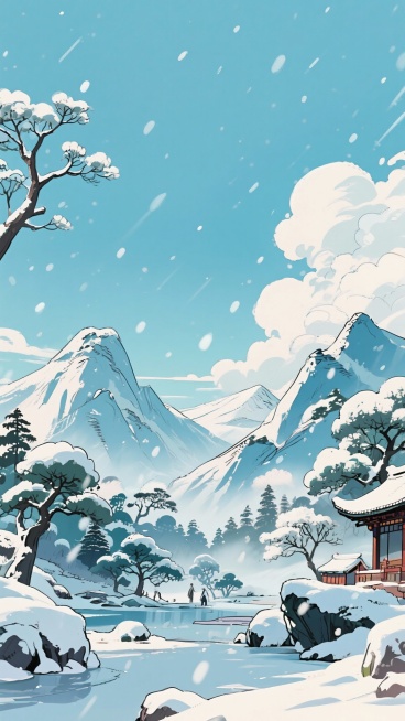 二次元古风，下雪，群山，树，云，浅蓝色，细节丰富，元素多样，9:16,不要人物，生成2张预览效果