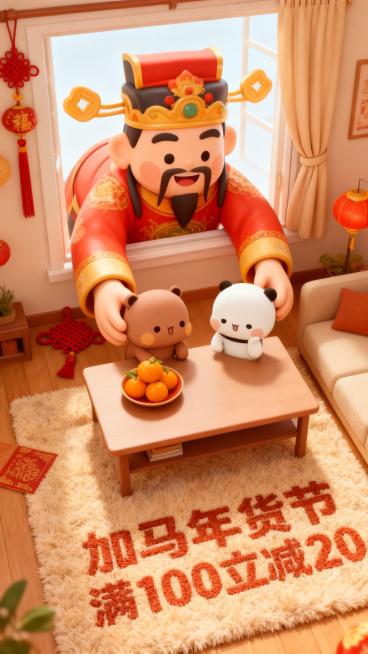 3d卡通风格，客厅景观。Q版巨大灶王爷（形象软萌）从窗户外探身进来，双手把图中主体放在客厅桌上（桌面摆放橘子、果盘），客厅装饰中国结、灯笼元素，暖色调喜庆氛围，画面底部毛绒地毯上绣着“加马年货节”“满预览效果