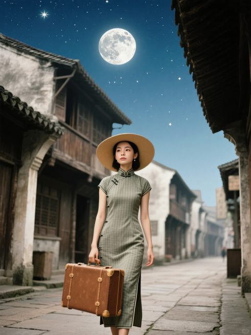 人物穿上民国时期的旗袍，带着民国时期的大帽檐，手提行李箱站在有屋檐的街道上，背景是复古的阁楼和街道 天上一轮明月和星星照应，古代滤镜预览效果