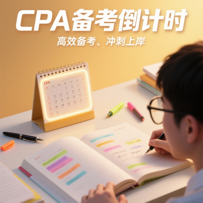 学习场景，主视觉为发光的倒计时日历和摊开的彩色考点笔记，背景是柔和的暖黄色渐变，点缀钢笔、荧光笔、戴眼镜的考生手写标注的细节，整体风格清新明快，画面无冗余元素。主题大字“CPA备考倒计时”，副标题“高预览效果
