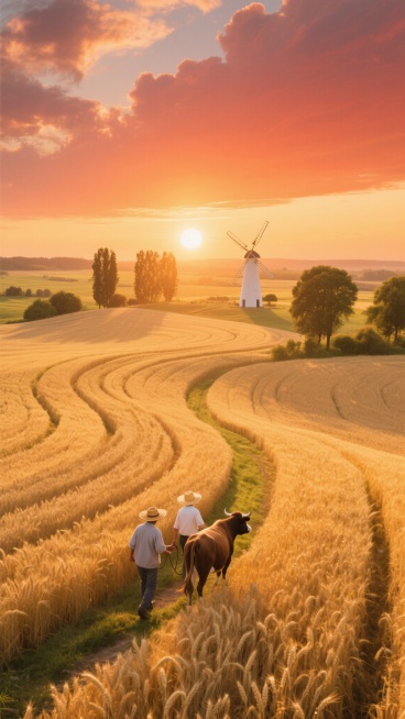 航拍视角下的金黄色麦田，田垄呈现出优美的曲线，夕阳的暖光洒在麦穗上，形成金色的光芒，远处有几棵高大的树木和白色的风车，天空是渐变的橙红色，云朵被染成温暖的色调，两个戴着草帽的农人牵着牛在田埂上行走，整体画面充满丰收的喜悦和宁静的乡村氛围，色彩鲜明，光影柔和，细节丰富，构图开阔大气。预览效果