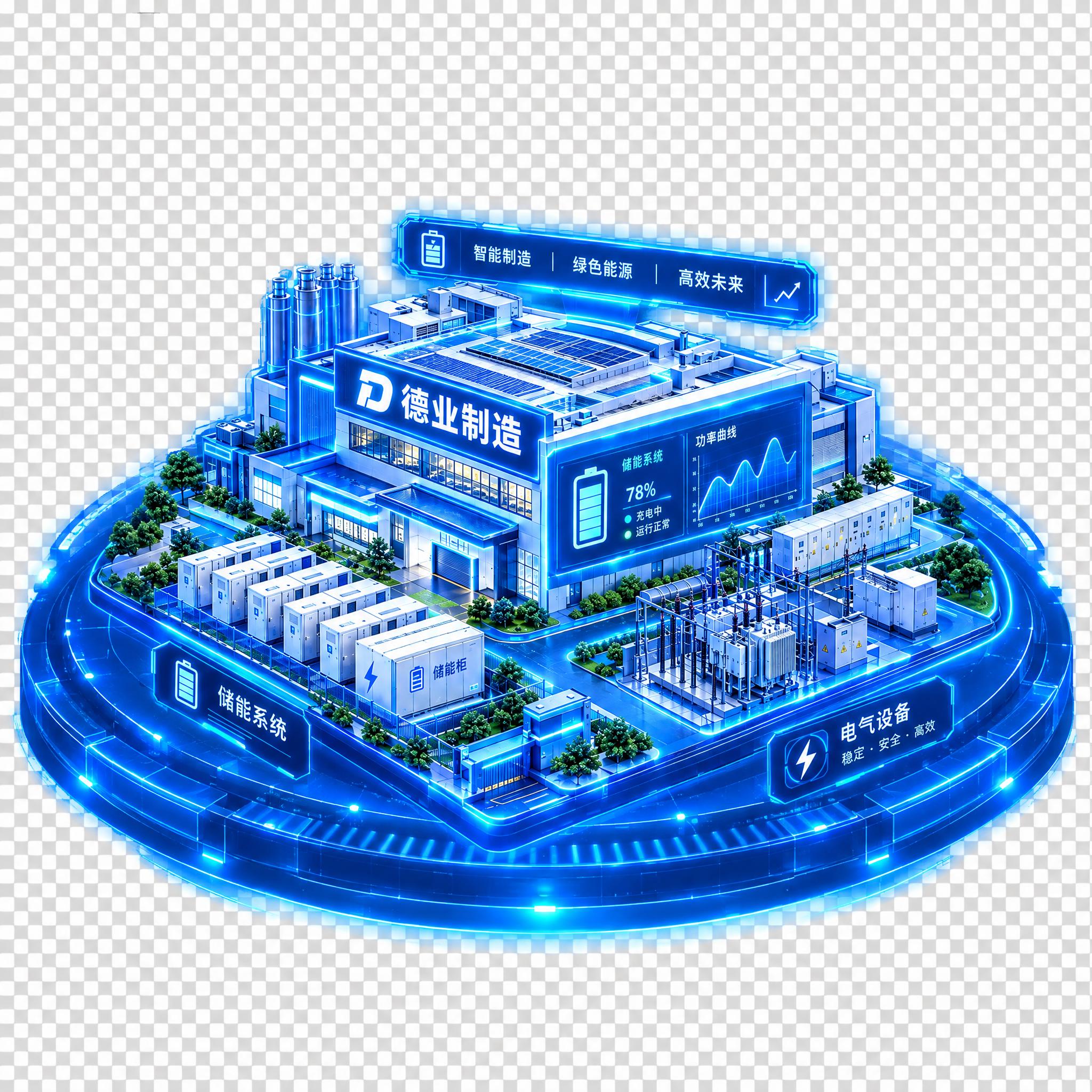 将图1的德业制造工厂放置在图2中心的多层圆形发光科技底座上，底… - 图片创意预览