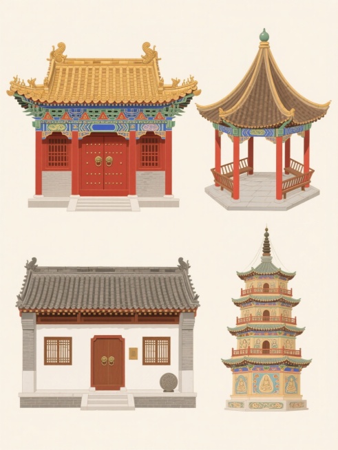 浅色背景上，上下两行各两个对齐排列的中国古建筑元素，采用精致的手绘矢量插画风格，线条流畅清晰，色彩以金色、红色、棕色为主色调，搭配蓝色、绿色等传统彩绘点缀，呈现出典雅华丽的视觉效果。上排左侧为单檐歇山顶宫殿，屋顶覆盖琉璃瓦，正脊两端有龙形吻兽，屋檐下装饰斗拱和五彩斑斓的额枋彩画，朱红色大门上装有铜制门钉和铺首；上排右侧为四角攒尖顶亭子，亭顶坡度陡峭，顶部饰有宝珠，亭身由红色立柱支撑，四周设有美……预览效果