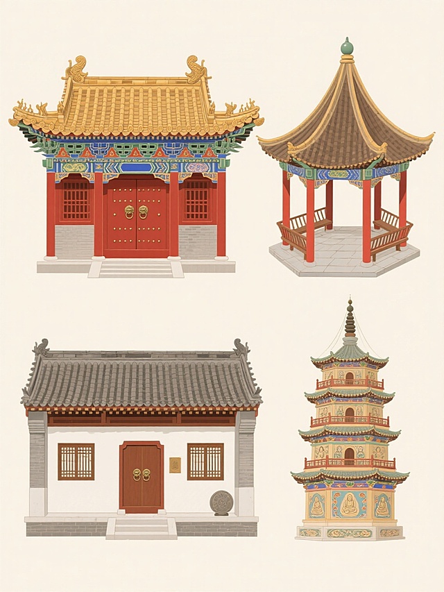 浅色背景上，上下两行各两个对齐排列的中国古建筑元素，采用精致的手绘矢量插画风格，线条流畅清晰，色彩以金色、红色、棕色为主色调，搭配蓝色、绿色等传统彩绘点缀，呈现出典雅华丽的视觉效果。上排左侧为单檐歇山顶宫殿，屋顶覆盖琉璃瓦，正脊两端有龙形吻兽，屋檐下装饰斗拱和五彩斑斓的额枋彩画，朱红色大门上装有铜制门钉和铺首；上排右侧为四角攒尖顶亭子，亭顶坡度陡峭，顶部饰有宝珠，亭身由红色立柱支撑，四周设有美人靠座椅，地面铺有青石板。下排左侧为硬山顶民居，屋顶覆盖小青瓦，两侧山墙高出屋面，形成封火山墙，墙面为灰白色，门窗为木质格栅样式，门前有石阶和石鼓；下排右侧为多层楼阁式塔，塔身逐层收分，每层均设有平座和栏杆，塔身外装饰有佛像浮雕和彩绘图案，塔顶为葫芦形塔刹，整体造型庄重古朴。所有建筑元素均保留传统古建筑的典型特征，如屋顶形式、斗拱结构、色彩搭配和装饰细节，画面构图平衡对称，细节丰富精致，营造出浓厚的中国传统文化氛围。