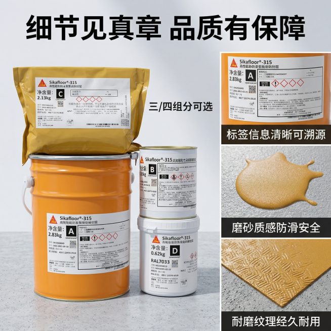 [垫图]用户上传的Sikafloor-315聚氨酯超耐磨罩面漆产品图
[主图主题]Sikafloor-315细节与成分展示主图
[氛围/风格]硬核工业风，硬光高对比，高清质感
[画面元素]采用拼图解析预览效果
