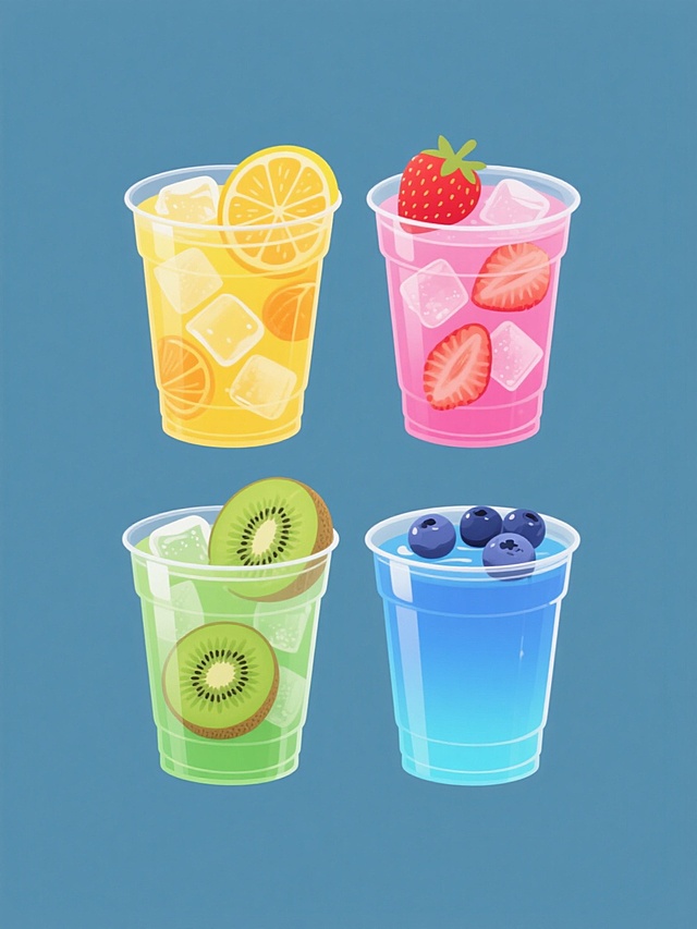四个不同颜色的透明塑料杯装饮料，每个杯子都有冰块和水果片，黄色杯子装橙汁配柠檬片，粉色杯子装草莓汁配草莓片，绿色杯子装猕猴桃汁配猕猴桃片，蓝色杯子装蓝莓汁配蓝莓片，纯色背景，规整排布成两行两列，保持原有的卡通风格、渐变色彩、光影效果和杯身纹理，画面整体色彩变换且和谐统一。
