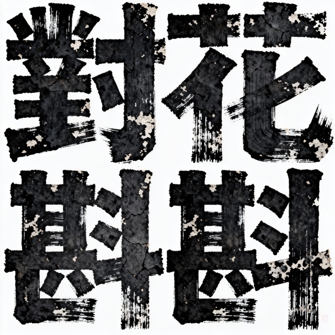 商业级手写书法作品，主体文字“對花斟”，白底黑字，文字风格朴实拙趣，手写粗笔画，复古书法感觉，字体厚重古朴的偏隶书风格体，风格独特，笔画极粗，因笔画过粗堆叠形成特殊艺术效果，运笔墨迹丰富，采用粗体块状预览效果