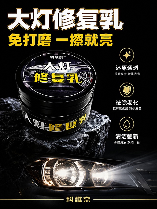 [商品] 使用【图1】科维奈大灯修复乳120g黑色圆罐；保留黑色罐体、罐盖汽车图案与黄色大灯修复乳文字、罐体侧面大灯修复乳字样、科维奈品牌标识，产品结构与材质不变；增强罐体黑色光滑质感与印刷文字清晰度。
[画面] 详情页头图海报，目标建立高级暗调品牌第一印象与核心利益点；上下构图，上半部分产品主体居中偏左，占画面约50%，黑色圆罐放置在带冰霜岩石质感的深色底座上，右侧留白放文案；下半部分暗调汽车大灯局部特写，光束从灯罩射出穿透黑暗，营造夜间行车氛围感；前中后景层次分明，前景产品清晰，中景底座，后景车灯光束与纯黑背景融合。
[视觉] 套系策略：风格=暗调高级商业摄影 电商详情页；标题字=粗黑体白色金色描边；正文字=无衬线体白色/黄色；主色=纯黑；背景延展=基于纯黑做深浅渐变、暗部层次与光束光影；强调色=金黄色+红色，仅用于小面积标题描边、图标、标签和重点文字高亮；标题色=白色加金色描边；正文色=白色；组件=深色圆角信息卡、细线引线、金色图标；光影=正面主光打亮产品，侧光勾勒罐体边缘，车灯光束做背景轮廓光。
[文字] 左上主标题【大灯修复乳】白色粗体金色描边，副标题【免打磨 一擦就亮】黄色粗大字；右侧三个短卖点竖排：还原通透 祛除老化 清洁翻新，每个卖点前配金色小图标；底部金色细条带品牌名【科维奈】；文字均横排，不遮挡产品主体。
[规格] 图片比例3:4竖版，4K，避免变形、错字、文字过小、冷蓝灰背景、产品颜色改变、罐体文字错乱、水印、平台Logo。