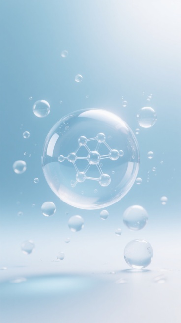 超写实主义风格，以清澈透明的水珠和气泡为核心视觉元素，画面中央是一个较大的透明气泡，内部含有复杂的、类似分子结构的透明水膜分隔，周围环绕着大小不一、悬浮的水珠和气泡，水珠表面光滑，折射出柔和的光线，带有细腻的高光和自然的阴影。整体色调以纯净的浅蓝色和白色为主，背景为渐变的浅蓝色，简洁干净，没有多余元素，营造出轻盈、通透、湿润、纯净的氛围。光线从上方柔和洒下，赋予水珠半透明的质感和微妙的光晕效果……预览效果