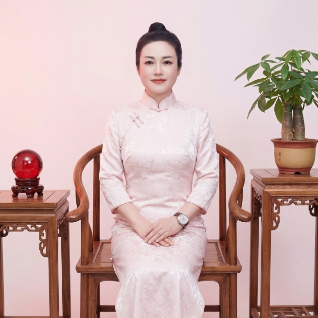 画面主体为身着浅粉色中式旗袍的（旗袍带细腻白色暗纹，领口缀珍珠扣），坐在中式复古椅子上。确保腿部不外露，旗袍平整，保留五官、妆容不变。背景为浅粉色渐变底色，右侧设中式木几，几上摆发财树，左侧放茶几放带预览效果