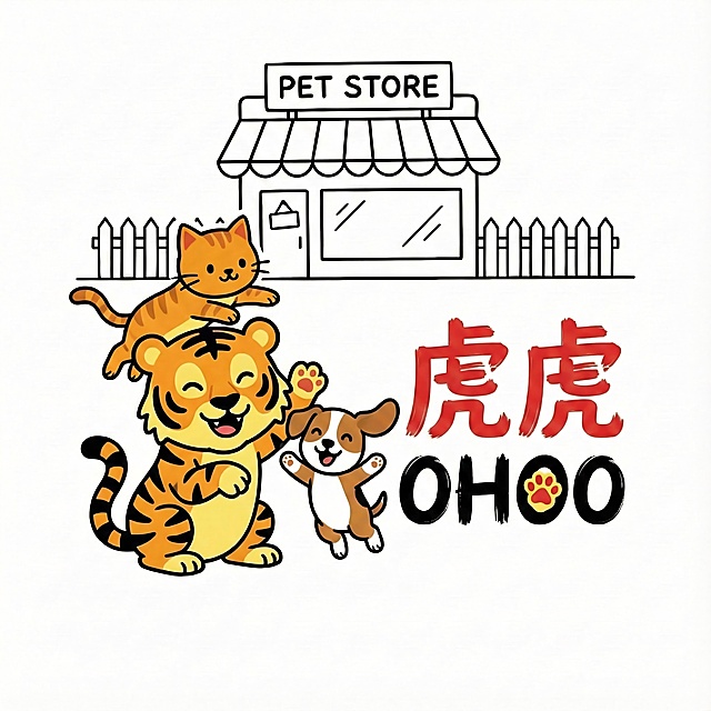 把右边的文字改成虎虎OHOO,文字上下排列，左边是三个动物，最大狗改称老虎，上面是猫，右边的兔子改成狗，简笔画风格，可爱，背景是白色的，搭配房屋线条，做成一个整体宠物店的LOGO，颜色用黄红黑，大师出品，高级，轻松愉悦，背景是白色的