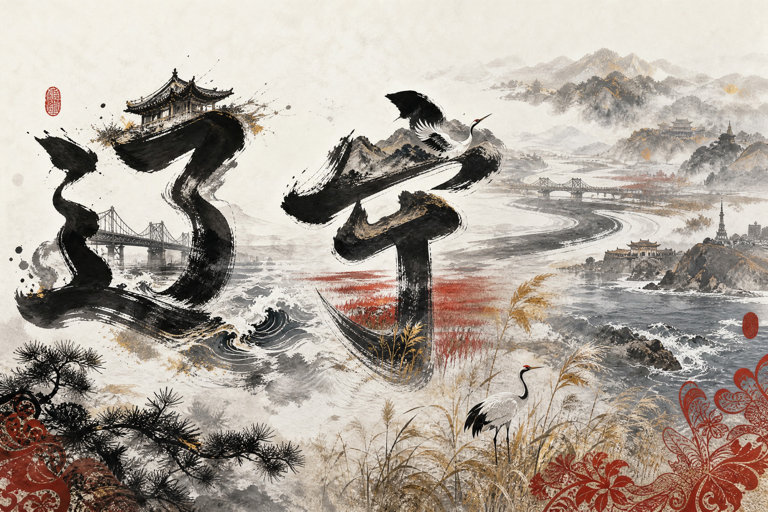 辽宁省水墨风海报，横版宽幅3:2构图，宣纸纹理背景，东方美学，… - 图片创意预览