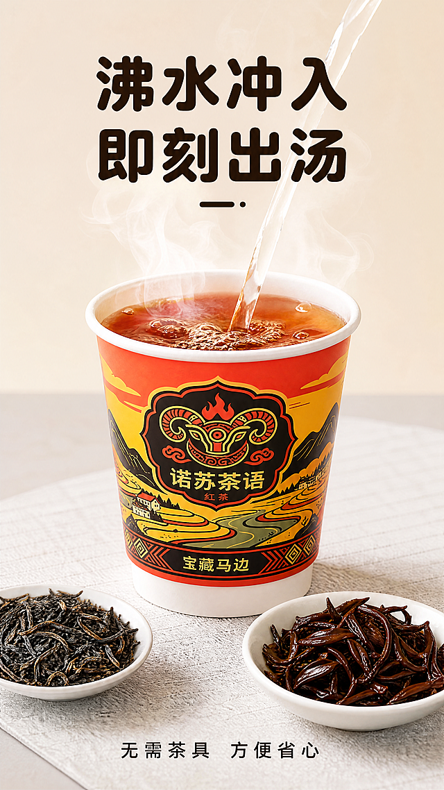 [第4屏] 冲泡展示，诺苏茶语杯中茶冲泡过程展示。
[氛围/风格] 干净简洁，动态感，热水冲泡蒸汽腾腾，茶汤红亮诱人，有食欲。
[元素布局] 画面展示注入热水的过程，杯中已经冲泡出红亮茶汤，保持杯身包装外观与输入图一致，热水从上方注入，形成柔和蒸汽，背景简洁，用浅灰色茶席衬托。前景搭配干茶和湿茶对比展示。
[光影质感] 柔光灯从正面打亮，茶汤通透红亮，蒸汽呈现自然朦胧感，整体干净通透。
[配色色系] 全局底色：#F5F0E6（浅茶米色）；主体配色：杯身红黑金+茶汤红褐色；统一字体风格：圆角醒目标题字体+同家族无衬线正文字体，字色仅黑色和深棕色两种，标题字纯色填充。
[视角构图] 正面平视，主体产品占据画面中心60%-65%，简洁主体突出。
[文字版式] 顶部主标题「沸水冲入 即刻出汤」，底部补充小字说明「无需茶具 方便省心」，文字居中，不遮挡冲泡主体。
[比例分辨率] 9:16竖版比例，4K分辨率，文字清晰可辨，超高清。
[负向提示词] 杯身变形，茶汤浑浊，蒸汽过度，文字错乱，颜色偏差，水印，背景杂乱