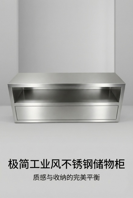 2:3竖屏，严格还原上传的不锈钢储物柜产品图，包括金属不锈钢质感、开放式储物格、隐藏式抽屉等所有细节，产品外观必须与参考图完全一致，不得改变包装设计、配色方案或结构元素，保持不锈钢的真实高光金属质感。预览效果