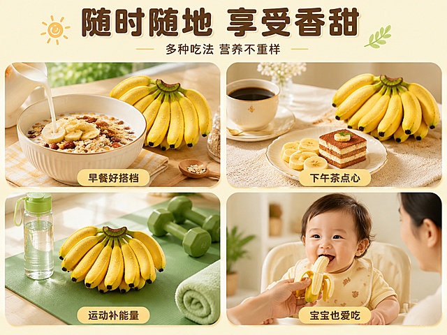[第5屏] 食用场景-小米蕉多场景种草。本屏使用【图1】作为商品参考。
[氛围/风格] 生活方式场景风，温馨自然，商业摄影质感，贴近日常。
[元素布局] 画面采用2×2圆角卡片拼图，展示四个食用场景：左上「早餐搭配」香蕉配牛奶麦片；右上「下午茶时光」香蕉配咖啡甜点；左下「运动代餐」健身垫旁放香蕉和水杯；右下「宝宝辅食」妈妈手拿香蕉喂宝宝；每张小图中香蕉外观与输入图一致；卡片间留浅奶黄间隙。
[光影质感] 每个场景均为柔和自然光，温暖明亮，食物色泽诱人，生活气息浓厚。
[配色色系] 全局底色 #FFF8E7（浅奶黄）；主色暖黄 #FFE4B5；辅助色浅绿 #90EE90、浅棕 #DEB887。
[视角构图] 四宫格拼图，阅读动线从左上到右下，每格独立场景。
[文字版式] 顶部主标题「随时随地 享受香甜」，副标题「多种吃法 营养不重样」；每张卡片底部配场景标签：「早餐好搭档」「下午茶点心」「运动补能量」「宝宝也爱吃」；圆角黑体，字色深棕。
[比例分辨率] 4:3 横版比例，4K 分辨率，文字清晰可辨，高清画质。
[负向提示词] 香蕉变形，颜色偏差，水印，文字错乱，人物不自然，场景虚假。