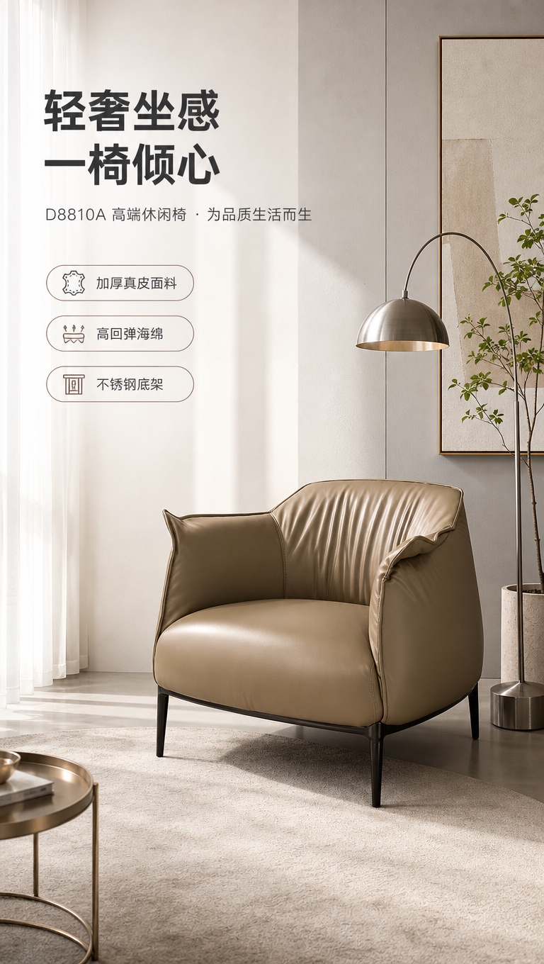 [商品] 使用【图1】卡其棕皮革休闲椅（型号D8810A）；保… - 图片创意预览