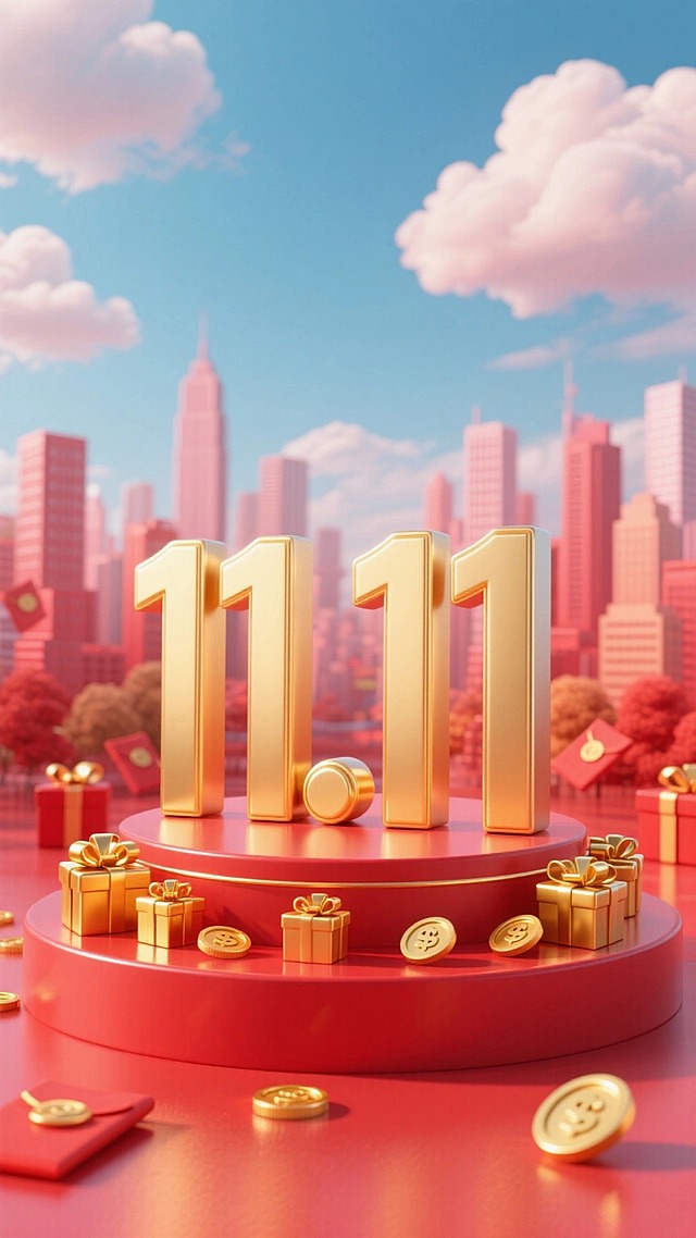 巨大的金色 “11.11” 立体数字立在带有红色装饰的圆形展台上，周围有金色礼盒，点缀红包、金币等元素，背景天空、云朵，城市建筑群在后方若隐若现，大量红色搭配粉、橙、蓝为主色调，红色地面，促销氛围