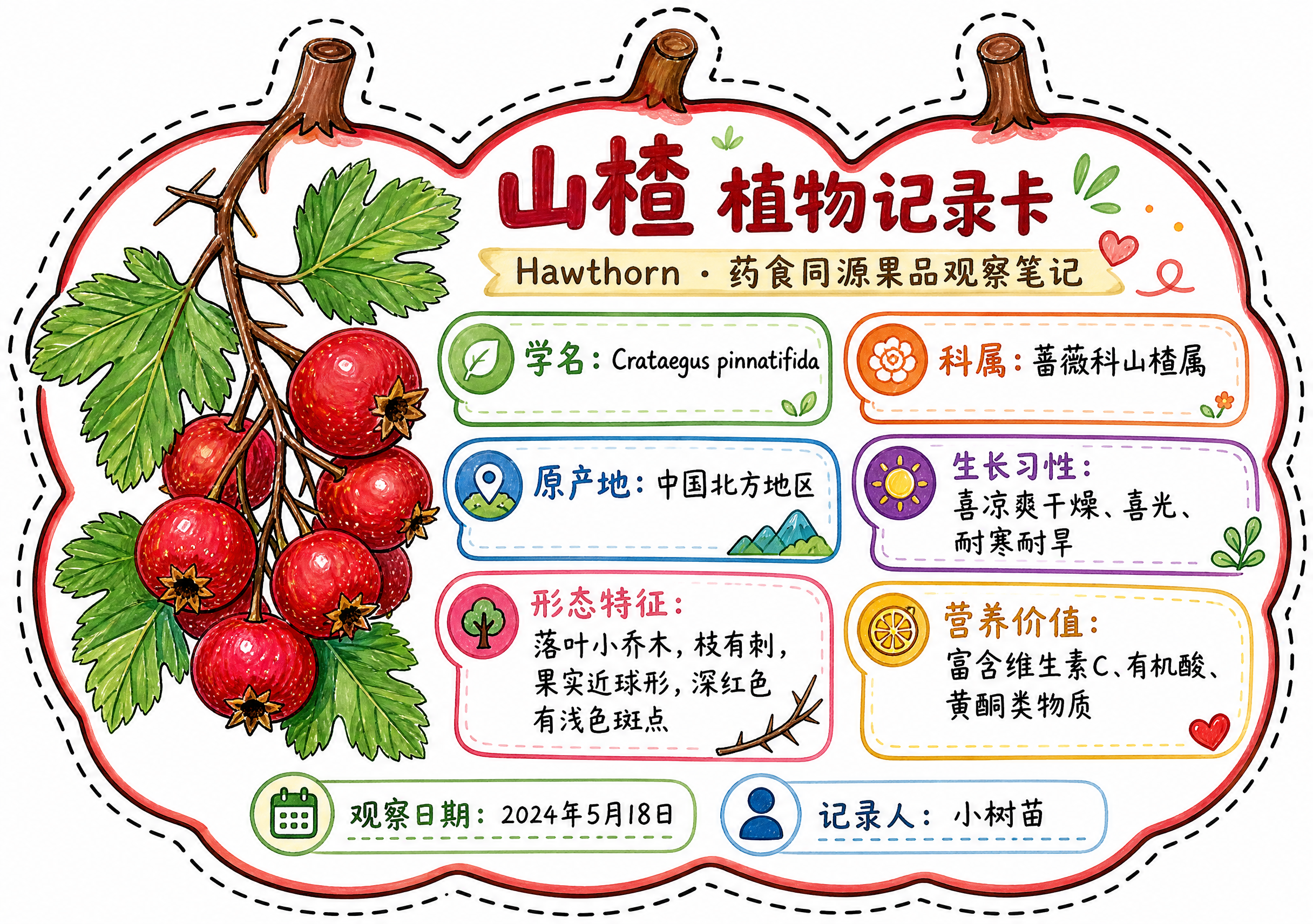 一张山楂异形植物记录卡，整体为山楂轮廓造型（一串山楂造型），沿… - 图片创意预览
