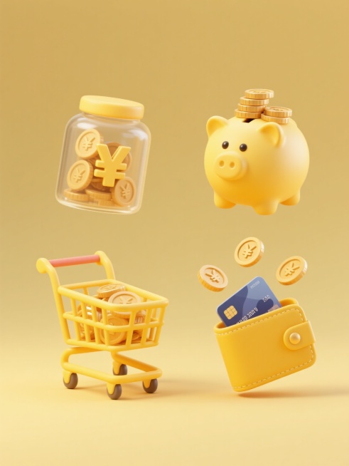 3D渲染风格，纯色背景，保持黄色与淡黄色为主色调的柔和配色方案，圆润可爱的造型设计，四个不同造型的充值元素系列素材规整排布：第一个是装有带¥符号金币的黄色购物车与透明玻璃罐组合，第二个是黄色存钱罐顶部堆叠着金币，第三个是黄色钱包敞开露出金币和银行卡，第四个是黄色礼物盒打开飞出金币和¥符号，所有元素均采用光滑材质与柔和光影，无任何文字，整体风格统一且充满童趣。预览效果