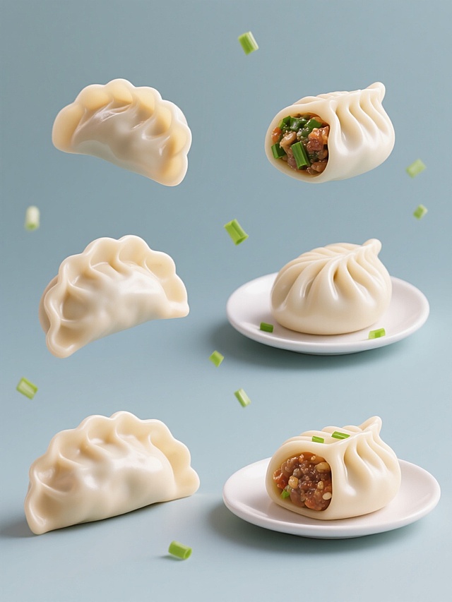 一系列六个造型完全不同的3D立体饺子元素，保持真实的食物质感和光影效果，每个饺子都有独特的褶皱设计和馅料露出细节，部分饺子独立呈现，部分盛放在简约的盘子中，所有元素规整排布在纯色背景上，点缀少量悬浮的绿色葱花碎，整体画面明亮清新，突出饺子的立体感和食材的新鲜感。