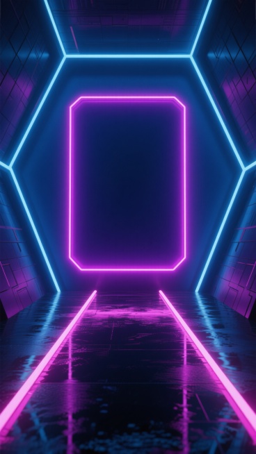 深邃幽暗的赛博朋克风格电竞背景，以深蓝色与紫色为主色调，中央是深邃的暗紫色矩形区域，四周被几何线条构成的发光框架环绕，框架边缘镶嵌着明亮的粉红色霓虹灯管，地面光滑如镜，反射出霓虹灯光形成的对称光带，整体呈现出强烈的科技感与未来感，光影对比鲜明，营造出神秘而充满活力的电竞氛围，具有极强的空间纵深感和视觉冲击力。预览效果