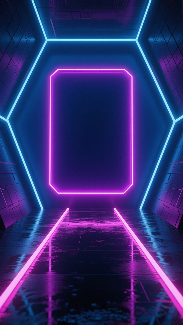 深邃幽暗的赛博朋克风格电竞背景，以深蓝色与紫色为主色调，中央是深邃的暗紫色矩形区域，四周被几何线条构成的发光框架环绕，框架边缘镶嵌着明亮的粉红色霓虹灯管，地面光滑如镜，反射出霓虹灯光形成的对称光带，整体呈现出强烈的科技感与未来感，光影对比鲜明，营造出神秘而充满活力的电竞氛围，具有极强的空间纵深感和视觉冲击力。