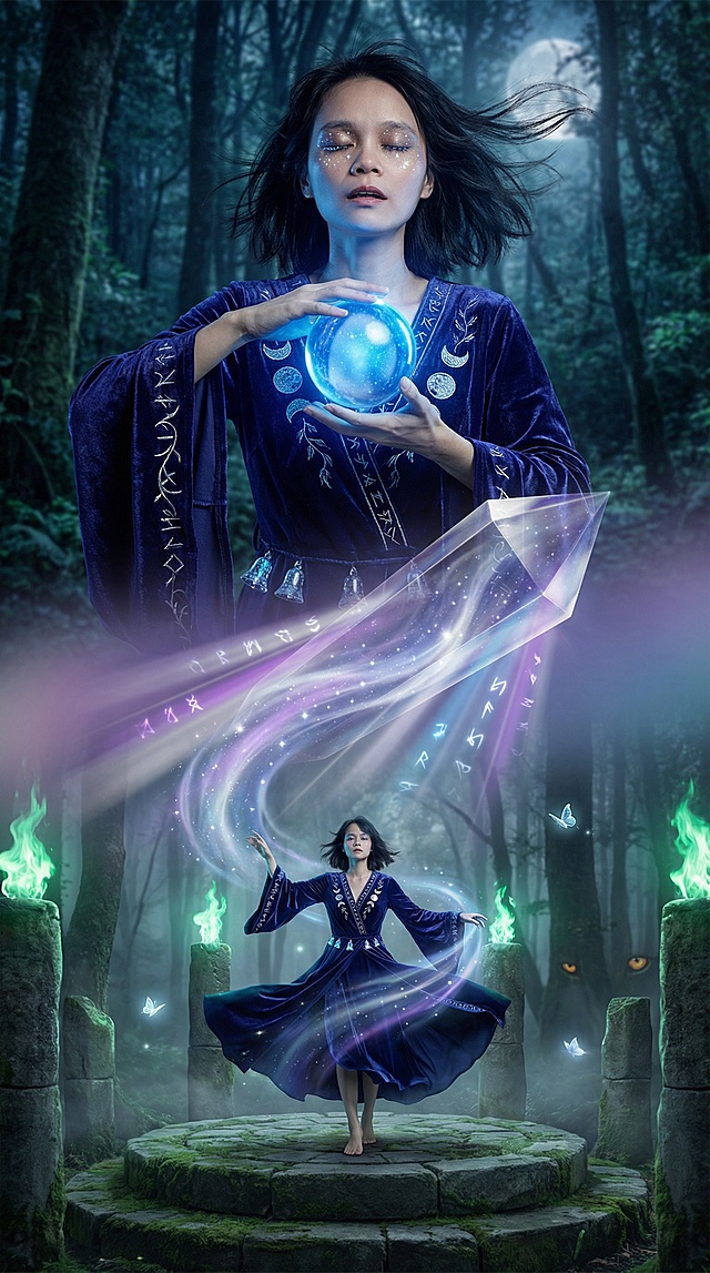 梦幻感与神秘感交织的森林夜景，双重曝光手法呈现巫女与水晶球的超现实对话，光影流动如粒子风般轻盈，3D质感与插画风融合，营造静谧唯美的魔法氛围。