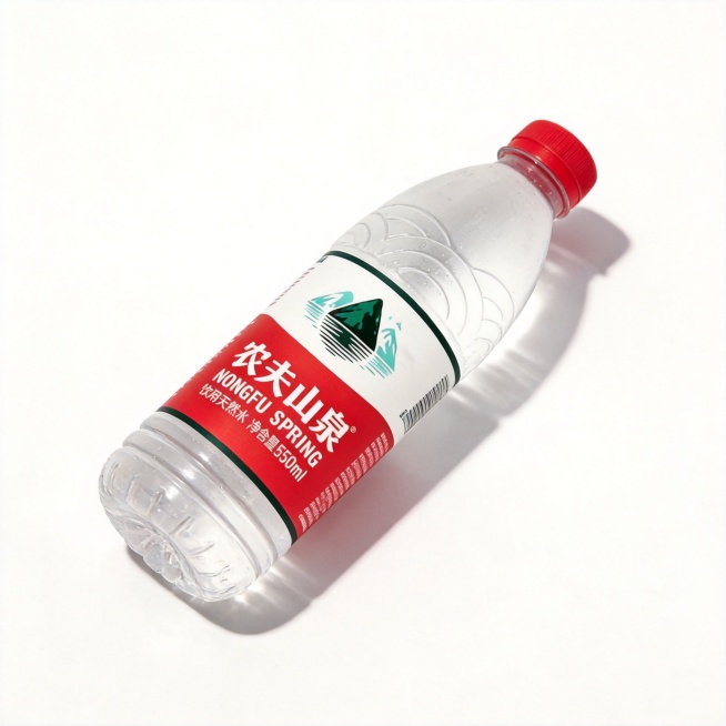 农夫山泉矿泉水，整瓶呈现，保持产品完整，简约纯白背景，电商主图预览效果