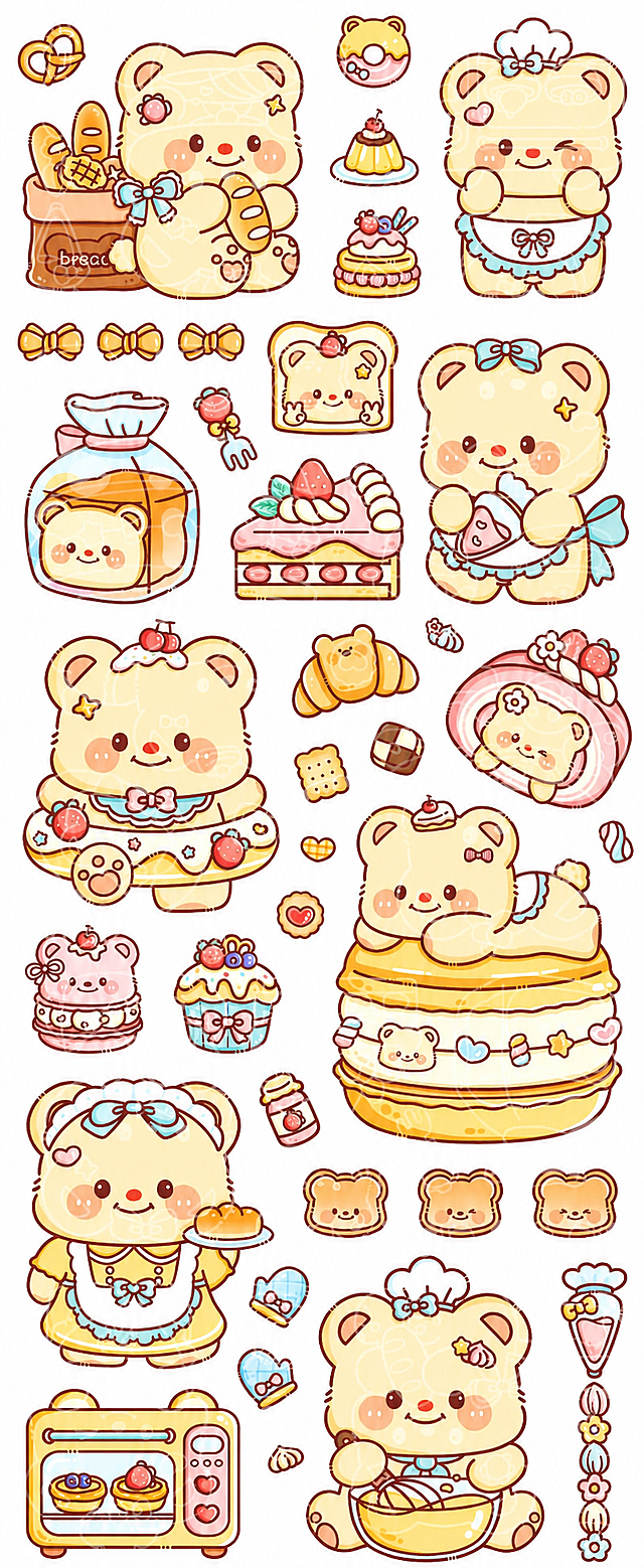 参考原图的可爱奶油小熊甜品手账贴纸风格，保持整体构图和元素不变，重新生成画面，并移除图上的所有水印