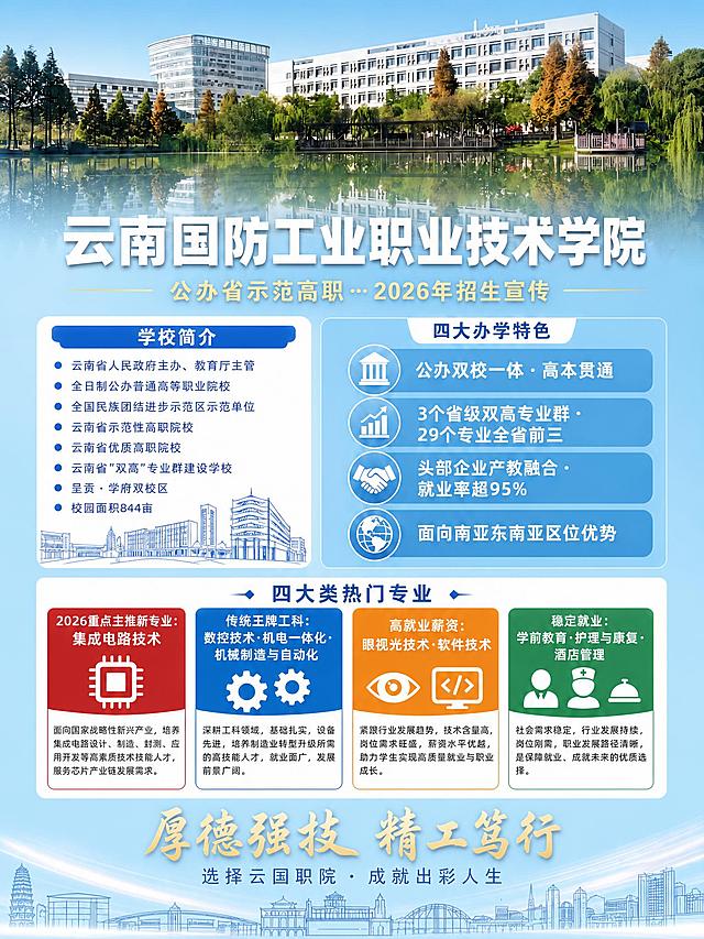 将这张学校招生宣传海报的整体背景色由深蓝色改为清新淡蓝色（天蓝色/浅蓝渐变），保持明亮通透的感觉。所有文字内容、版式布局、卡片样式、图标、专业色块颜色、标题字体、校训等全部保持原样不变，仅替换背景色为淡蓝色渐变。画面顶部校园实景图保留，其上方的渐变蒙层也改为淡蓝色半透明渐变。整体风格清新明亮，公办院校正式感。不需要二维码。