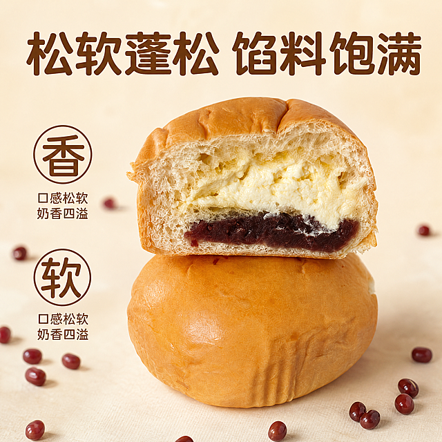 [主图-3] 奶油红豆包口感特点展示图，突出松软口感与饱满馅料。保持产品外观与原图一致，不变形不色差。[氛围风格] 食欲感生活化风格；[画质] 商业美食摄影，高清通透；[元素] 完整的面包放在画面下半部分，切开一半放在上方，展示剖面，左下角圆形标注突出产品特点，背景搭配散落的红豆，整体画面干净。商品主体占比约70%。[光影] 自然柔和暖光，面包蓬松纹理和馅料纹理清晰可见；[配色] 暖浅色调，面包棕红，红豆深褐，背景浅米，和谐舒适；[视角构图] 中心特写构图，突出剖面馅料；[文字版式] 顶部大字写"松软蓬松 馅料饱满"，棕色粗体；左下角两个圆形标注分别写"香"和"软"，下方小字标注"口感松软 奶香四溢"，文字排版错落清晰，不遮挡主体。[比例分辨率] 1:1 比例，2k 分辨率，文字清晰；[负向提示词] 变形，水印，文字错乱，产品模糊，背景杂乱