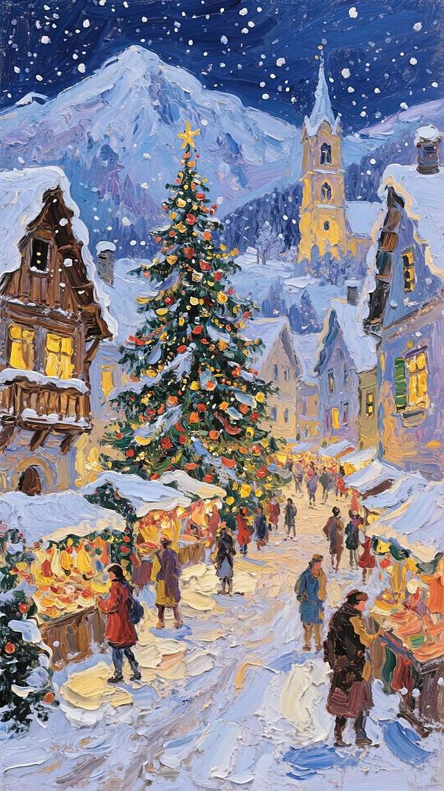 厚涂风油画，印象画派笔触描绘雪夜圣诞市集，暖黄灯光与彩树交织，营造喜庆温馨梦幻氛围。