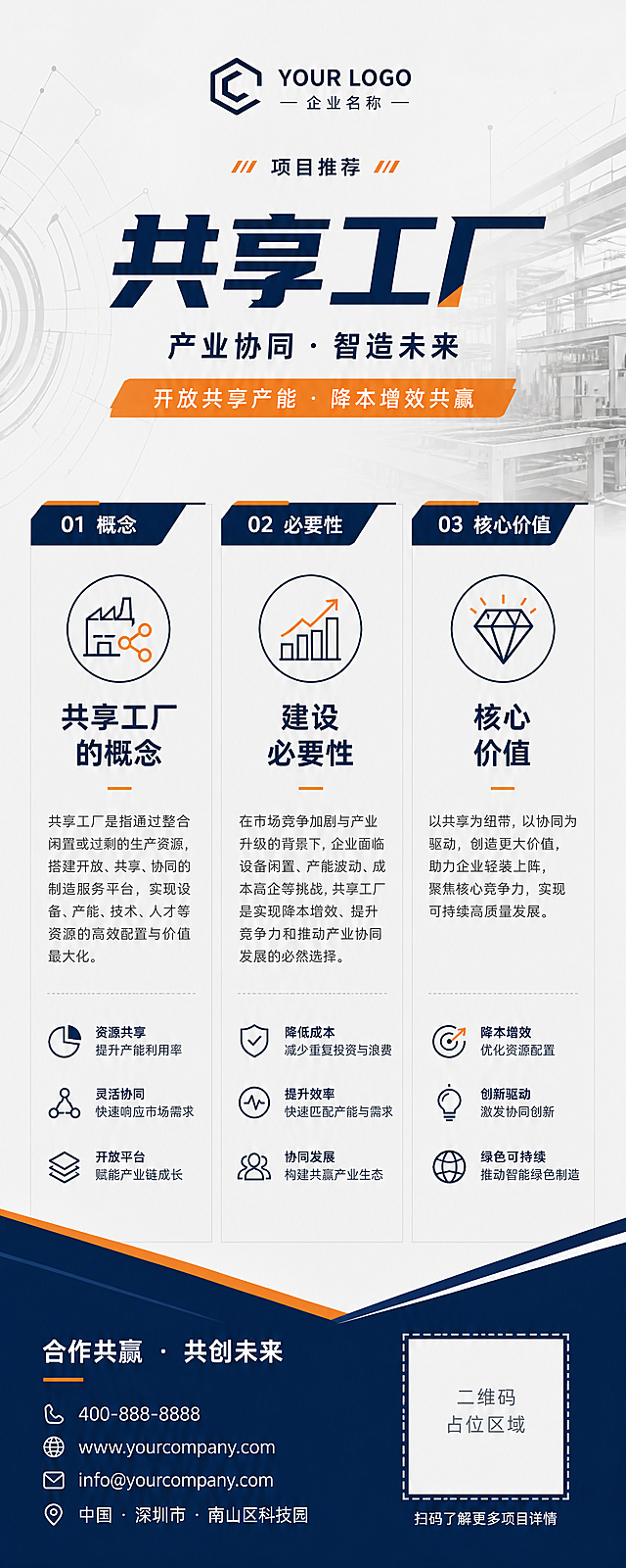 竖版商务易拉宝设计，整体三栏排版，浅灰色背景，主色调深蓝搭配橙色，现代工业风格。顶部企业品牌区域放置logo与项目推荐标题，展示主标题和项目定位标语。中部三栏分别介绍共享工厂的概念、建设必要性和核心价值，搭配简约线性图标。底部放置联系信息和二维码区域，整体排版清晰、专业简洁。