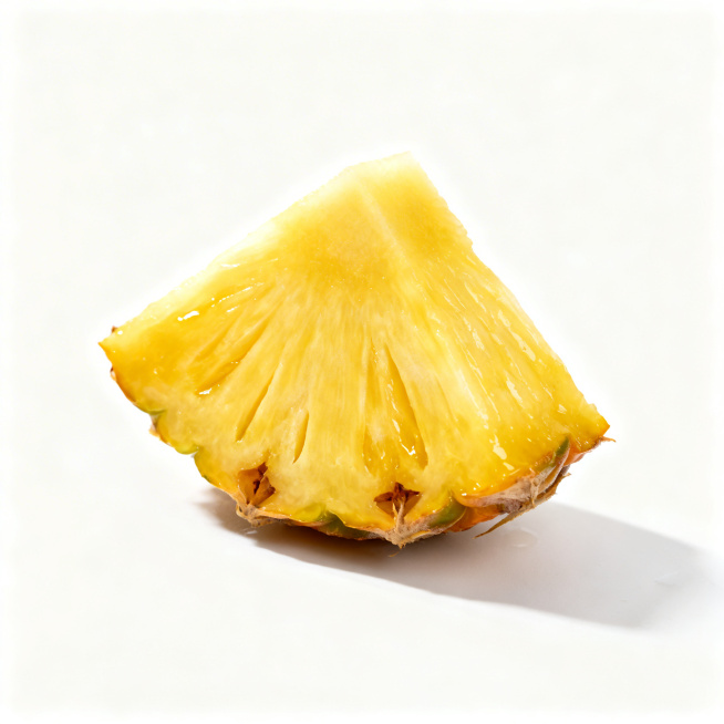 高清实拍风格，一块切好的新鲜菠萝块置于纯白色背景中央，果肉金黄饱满，表面有自然汁水光泽，无阴影干扰，专业食品摄影构图，8K细节清晰预览效果