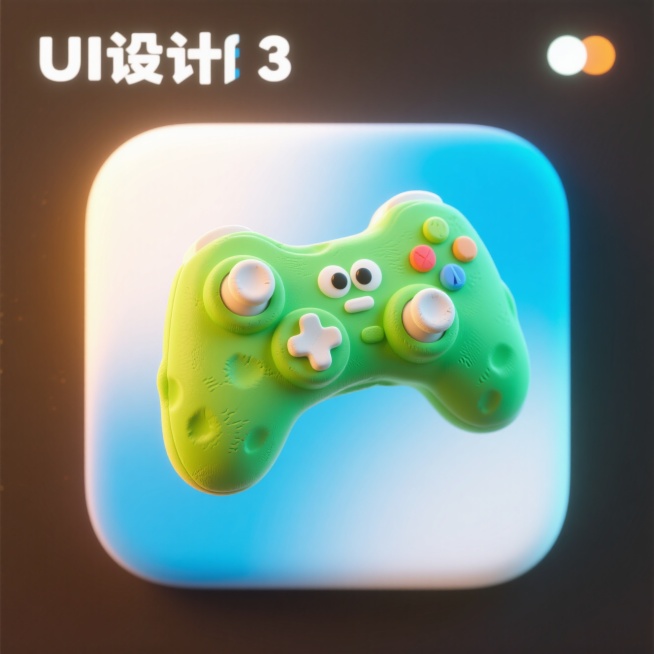 游戏图标（绿色游戏手柄）图标使用鲜艳的颜色，带有柔和的渐变和,卡通风格，3D图标，膨胀，粘土软3d材质，UI 设计风格，小清新配色，蓝白色渐变背景，暖色灯光预览效果