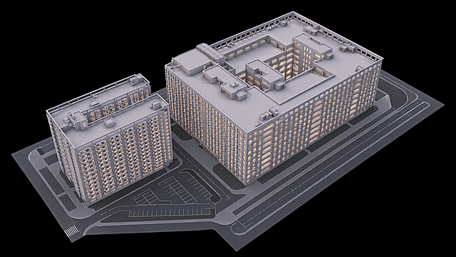 参考图1的两栋红色建筑及周边草坪、停车场的真实布局，参考图2的3D白模渲染风格和暗色背景场站云图风格。生成要求：1. 两栋建筑外形轮廓与图1完全一致，左侧较小建筑缺失部分自动补全；2. 采用图2的2.5D等距俯视视角，3D白模渲染质感，浅灰白色建筑体；3. 建筑窗户部分透出暖黄色微光，与图2风格一致；4. 纯黑色背景，营造暗色场站云图的科技感氛围；5. 保留图1中停车场的位置和形状，停车场用深灰色地面加浅色车位线表示；6. 草坪区域用深灰色块表示，道路用中灰色表示；7. 建筑顶部的设备、机房等细节按图1布局还原，用浅灰色几何体表现；8. 整体为3D渲染的白模效果，柔和的环境光，干净的体块感，类似数字孪生场站云图风格
