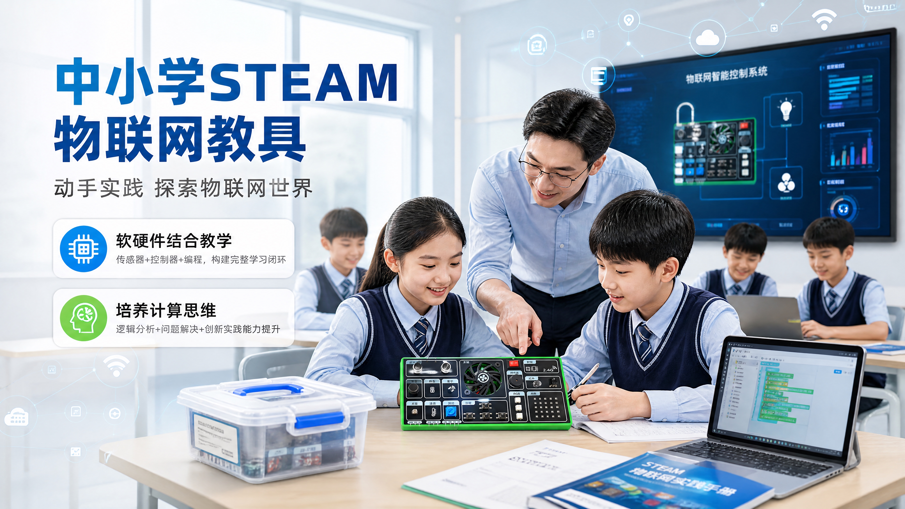 基于图1产品，生成详情页第9张：中小学STEAM物联网教学场景… - 图片创意预览