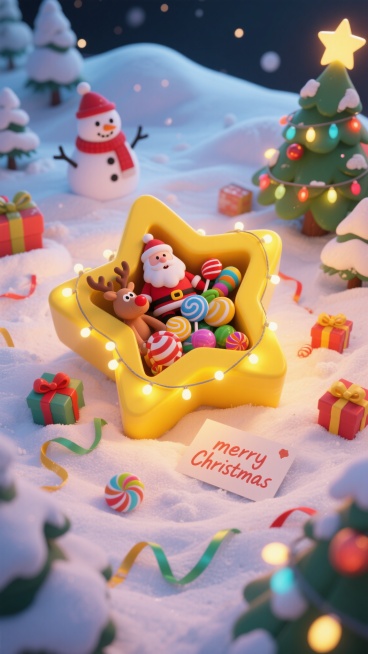 C4D渲染，皮克斯风格圣诞海报，卡通，在一片雪地上，第一人称特写俯视角度，地上放着一个很大的黄色倒角圆滑的五角星礼盒，圆润的五角星形状，盒身缠绕着一圈发光灯串，礼盒内部装满物品：圣诞老人玩偶、彩色糖果预览效果