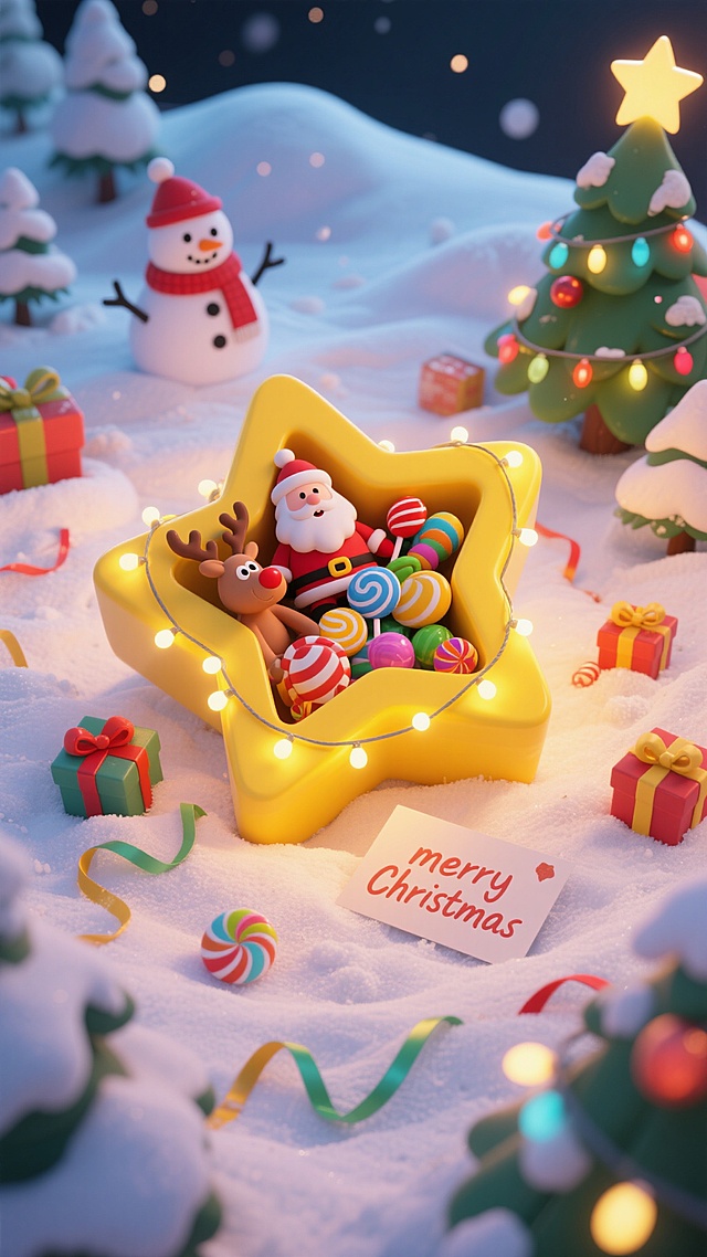 C4D渲染，皮克斯风格圣诞海报，卡通，在一片雪地上，第一人称特写俯视角度，地上放着一个很大的黄色倒角圆滑的五角星礼盒，圆润的五角星形状，盒身缠绕着一圈发光灯串，礼盒内部装满物品：圣诞老人玩偶、彩色糖果、麋鹿玩偶、多个小礼物盒子，还有一张小卡片，卡片上有手写的“merry Christmas”文字，礼盒周围散落着彩色丝带，黄色光晕营造温馨氛围，画面边缘有自然暗角，雪地背景中点缀着雪堆、戴着红色围巾的雪人、装饰着彩灯和星星的圣诞树，整体色调温暖明快，细节丰富，充满节日气息