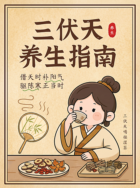 三伏天养生指南攻略分享古风插画小红书封面