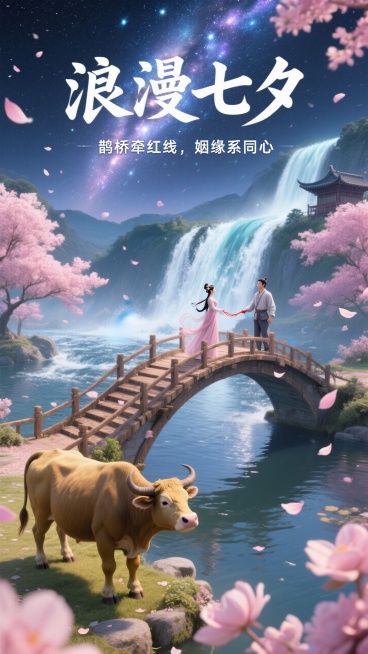 梦幻电影级，夜空银河飞流而下，汇聚奔流的大河，河上坐落着牛郎织女鹊桥相会的鹊桥，老黄牛站在桥头，粉色花瓣飘落。大标题写着“浪漫七夕”副标题：“鹊桥牵红线，姻缘系同心”超高清。预览效果