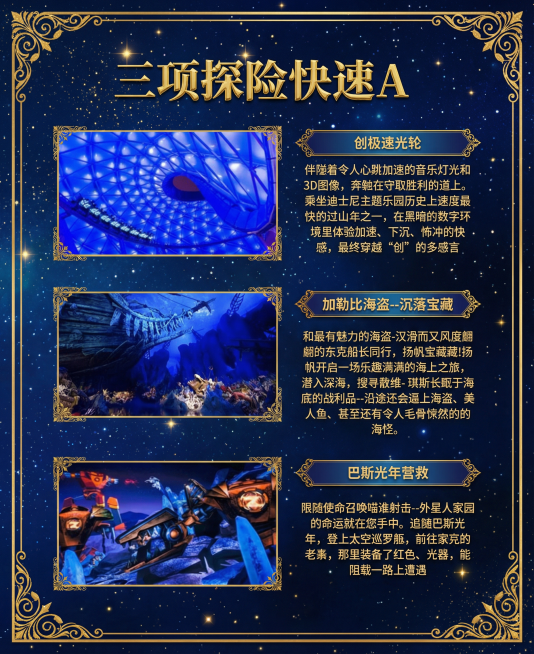整体调性：复古华丽风 + 科幻探险质感
视觉元素：欧式复古金色花纹边框、深蓝色渐变星空背景、星光点缀、沉浸式项目场景图
排版特点：分栏式布局、精致奢华的宣传物料质感，融合宫廷装饰与奇幻主题氛围
字体颜预览效果
